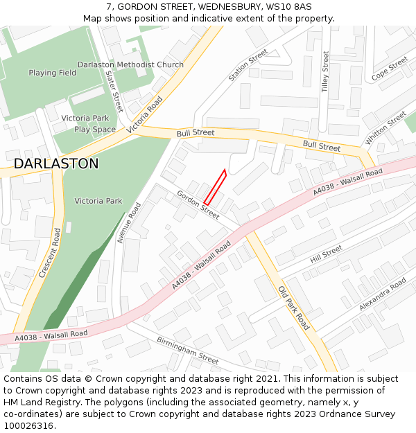 7, GORDON STREET, WEDNESBURY, WS10 8AS: Location map and indicative extent of plot