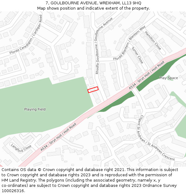 7, GOULBOURNE AVENUE, WREXHAM, LL13 9HQ: Location map and indicative extent of plot