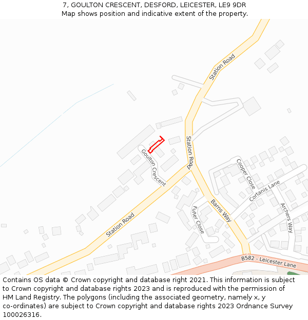 7, GOULTON CRESCENT, DESFORD, LEICESTER, LE9 9DR: Location map and indicative extent of plot