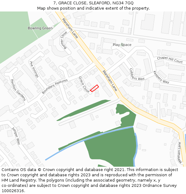 7, GRACE CLOSE, SLEAFORD, NG34 7GQ: Location map and indicative extent of plot