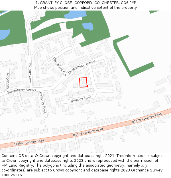 7, GRANTLEY CLOSE, COPFORD, COLCHESTER, CO6 1YP: Location map and indicative extent of plot