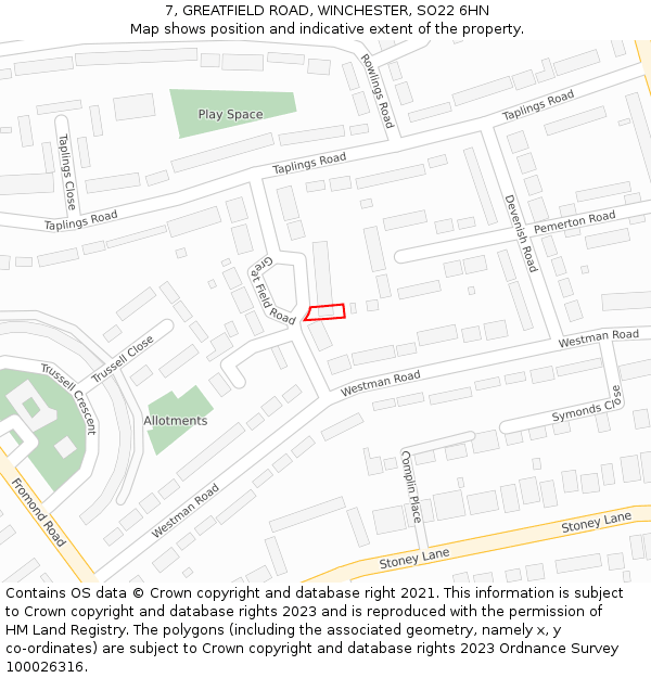 7, GREATFIELD ROAD, WINCHESTER, SO22 6HN: Location map and indicative extent of plot