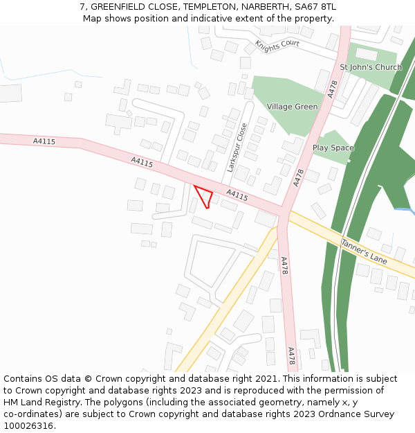 7, GREENFIELD CLOSE, TEMPLETON, NARBERTH, SA67 8TL: Location map and indicative extent of plot