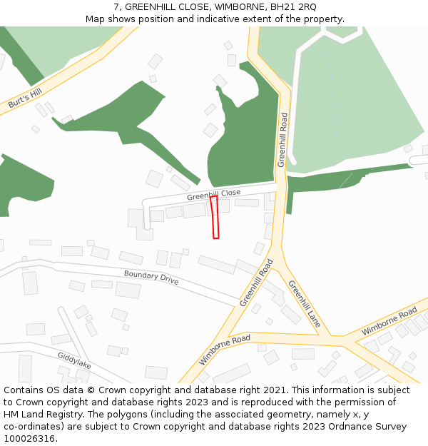 7, GREENHILL CLOSE, WIMBORNE, BH21 2RQ: Location map and indicative extent of plot