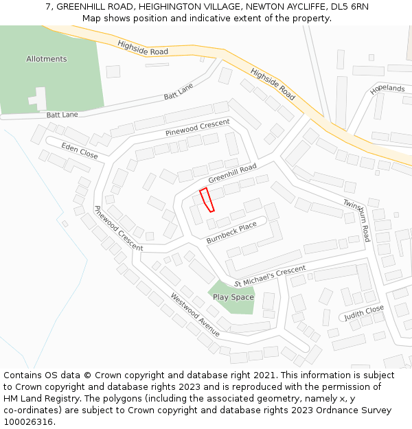 7, GREENHILL ROAD, HEIGHINGTON VILLAGE, NEWTON AYCLIFFE, DL5 6RN: Location map and indicative extent of plot