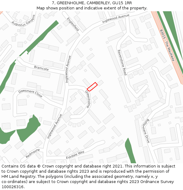 7, GREENHOLME, CAMBERLEY, GU15 1RR: Location map and indicative extent of plot