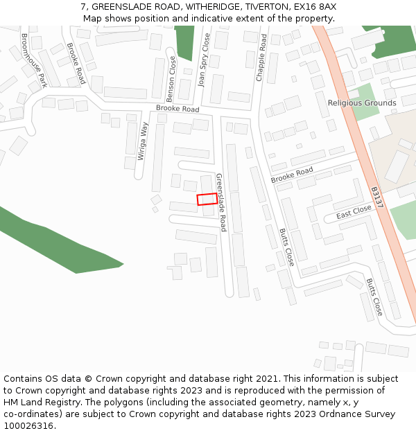 7, GREENSLADE ROAD, WITHERIDGE, TIVERTON, EX16 8AX: Location map and indicative extent of plot