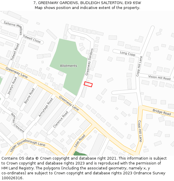 7, GREENWAY GARDENS, BUDLEIGH SALTERTON, EX9 6SW: Location map and indicative extent of plot