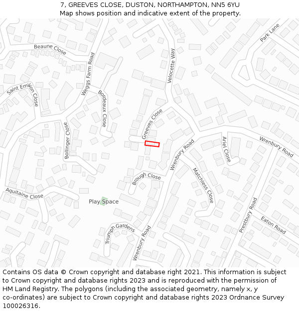 7, GREEVES CLOSE, DUSTON, NORTHAMPTON, NN5 6YU: Location map and indicative extent of plot