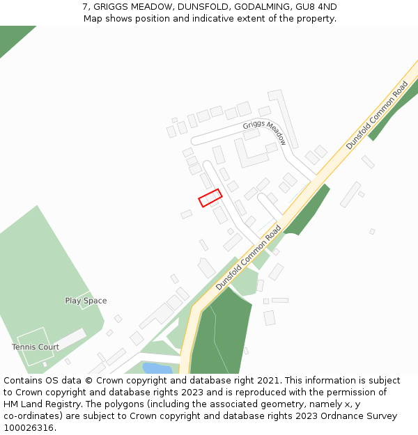 7, GRIGGS MEADOW, DUNSFOLD, GODALMING, GU8 4ND: Location map and indicative extent of plot