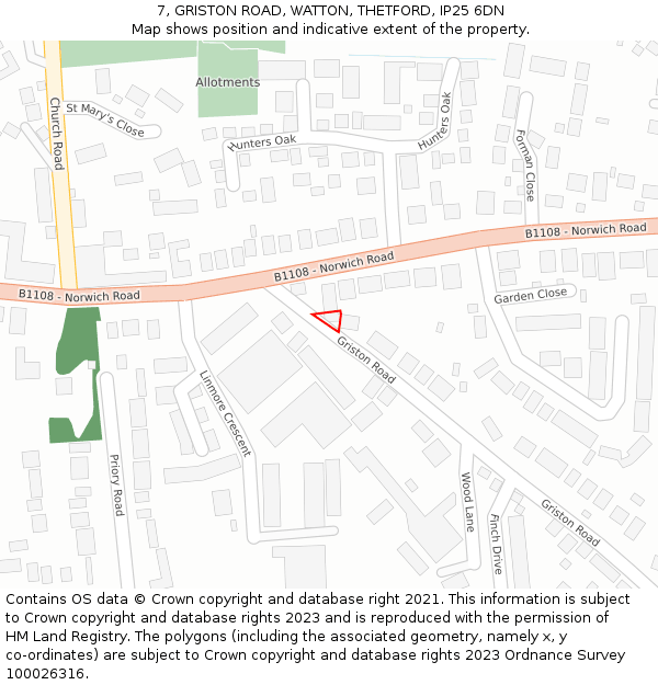 7, GRISTON ROAD, WATTON, THETFORD, IP25 6DN: Location map and indicative extent of plot