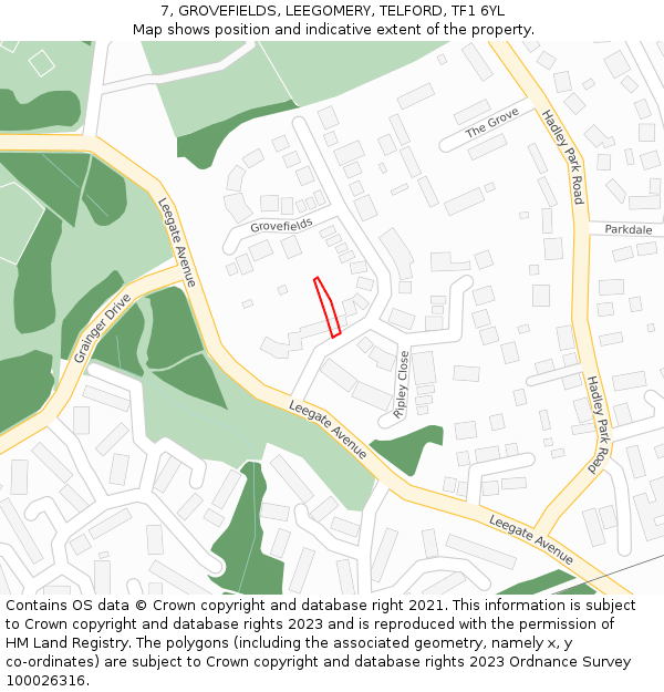 7, GROVEFIELDS, LEEGOMERY, TELFORD, TF1 6YL: Location map and indicative extent of plot