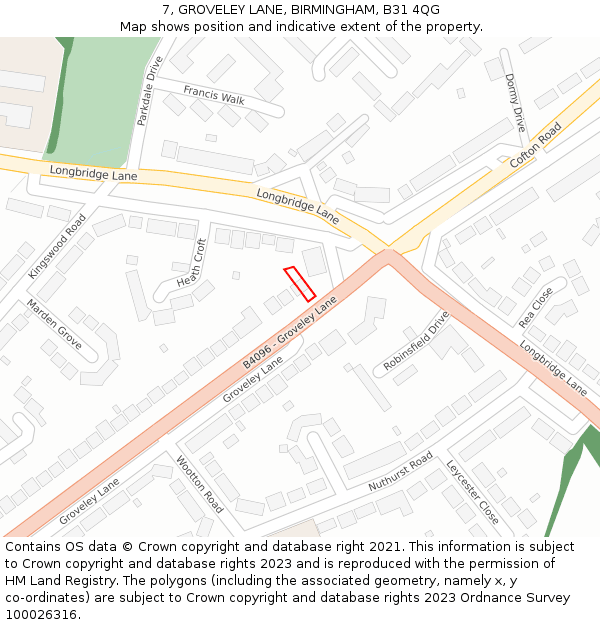 7, GROVELEY LANE, BIRMINGHAM, B31 4QG: Location map and indicative extent of plot