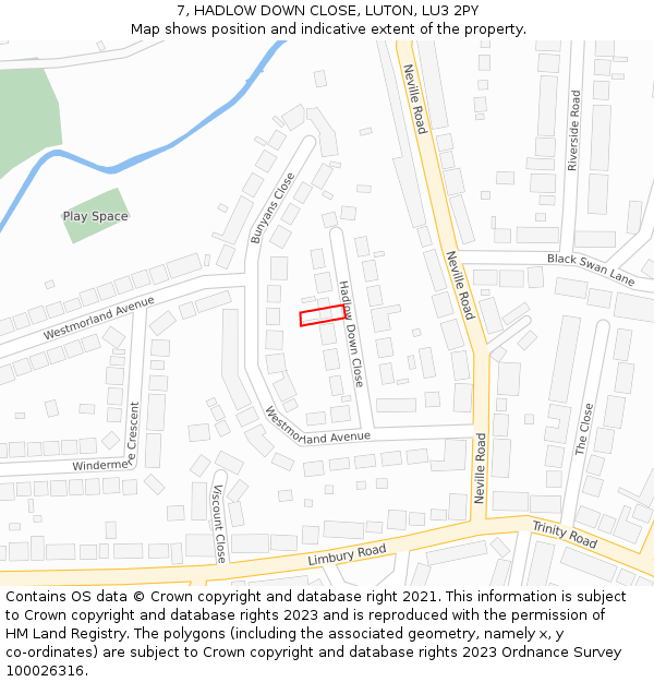 7, HADLOW DOWN CLOSE, LUTON, LU3 2PY: Location map and indicative extent of plot
