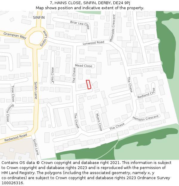 7, HAINS CLOSE, SINFIN, DERBY, DE24 9PJ: Location map and indicative extent of plot