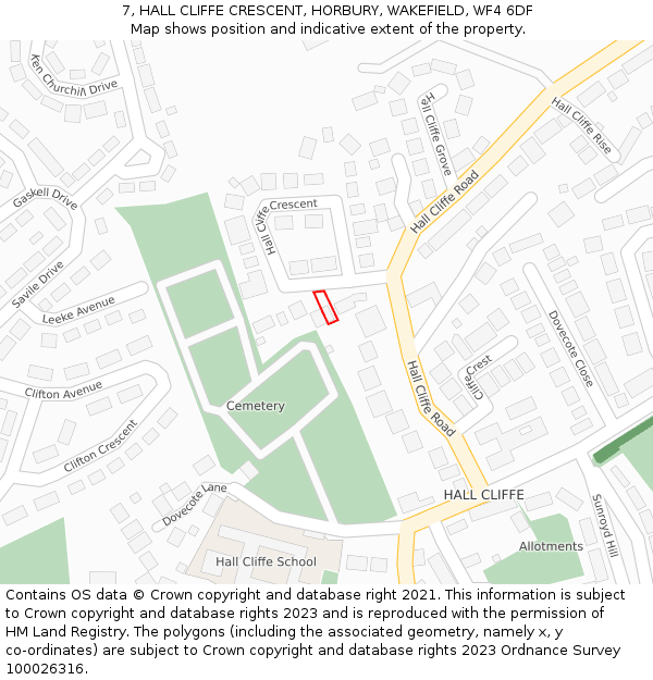 7, HALL CLIFFE CRESCENT, HORBURY, WAKEFIELD, WF4 6DF: Location map and indicative extent of plot