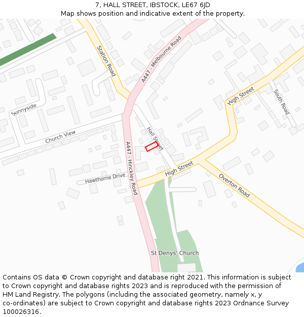 7, HALL STREET, IBSTOCK, LE67 6JD: Location map and indicative extent of plot