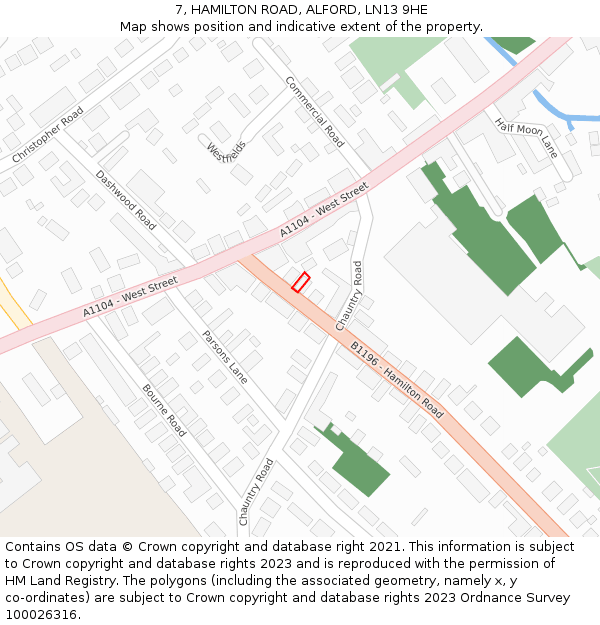 7, HAMILTON ROAD, ALFORD, LN13 9HE: Location map and indicative extent of plot