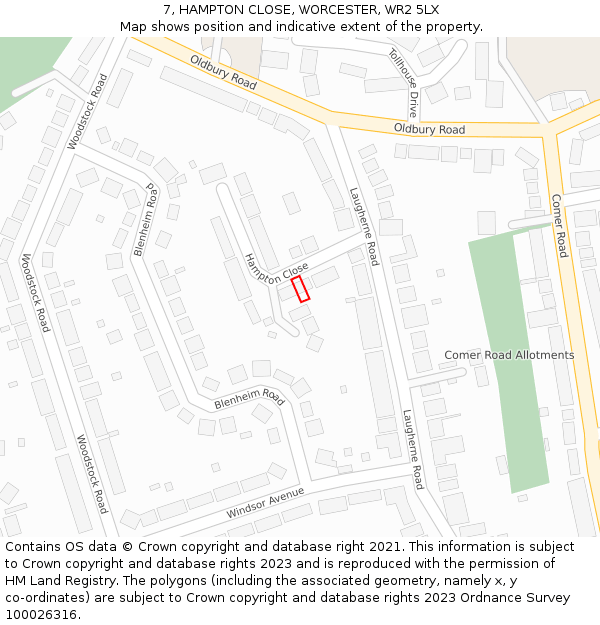 7, HAMPTON CLOSE, WORCESTER, WR2 5LX: Location map and indicative extent of plot