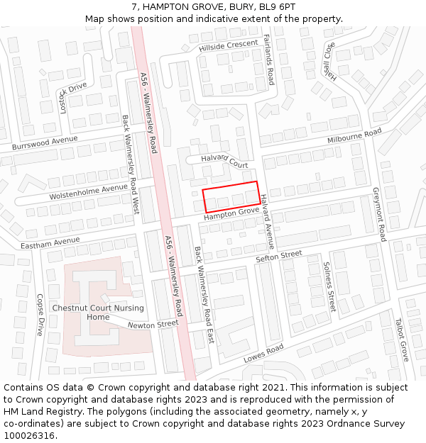 7, HAMPTON GROVE, BURY, BL9 6PT: Location map and indicative extent of plot