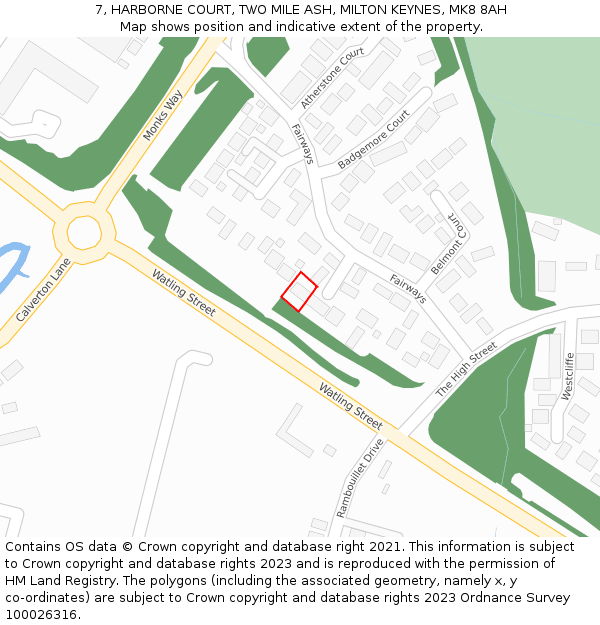 7, HARBORNE COURT, TWO MILE ASH, MILTON KEYNES, MK8 8AH: Location map and indicative extent of plot