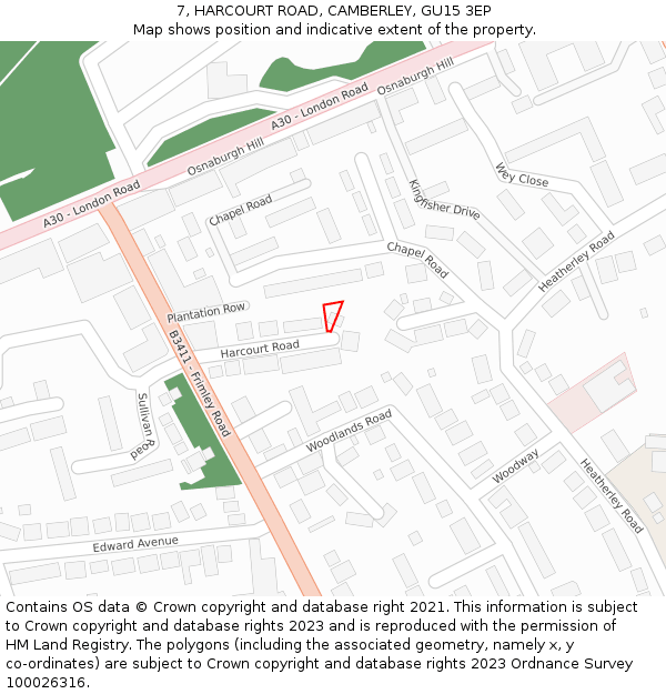 7, HARCOURT ROAD, CAMBERLEY, GU15 3EP: Location map and indicative extent of plot