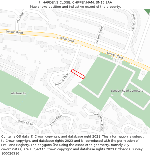 7, HARDENS CLOSE, CHIPPENHAM, SN15 3AA: Location map and indicative extent of plot