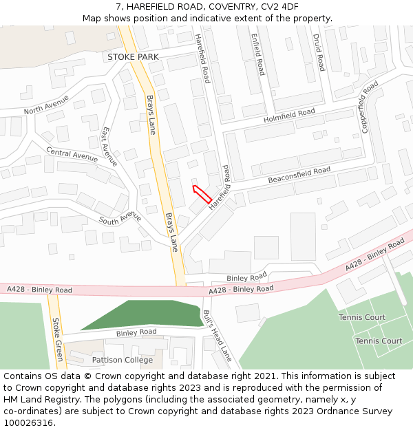 7, HAREFIELD ROAD, COVENTRY, CV2 4DF: Location map and indicative extent of plot