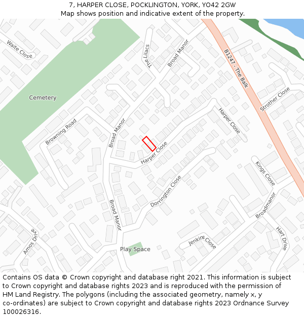 7, HARPER CLOSE, POCKLINGTON, YORK, YO42 2GW: Location map and indicative extent of plot