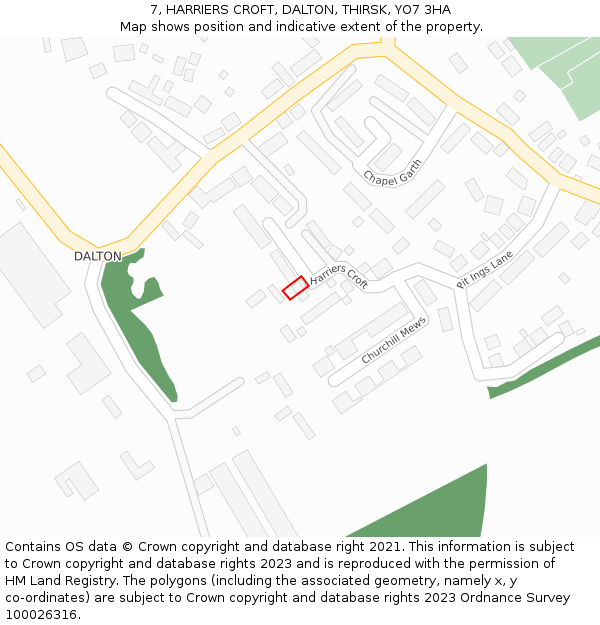 7, HARRIERS CROFT, DALTON, THIRSK, YO7 3HA: Location map and indicative extent of plot