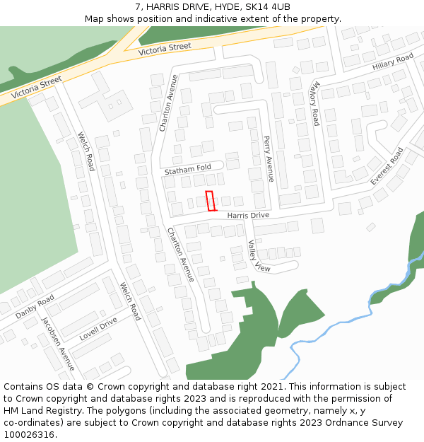 7, HARRIS DRIVE, HYDE, SK14 4UB: Location map and indicative extent of plot