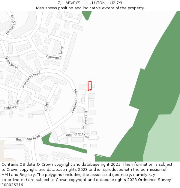 7, HARVEYS HILL, LUTON, LU2 7YL: Location map and indicative extent of plot