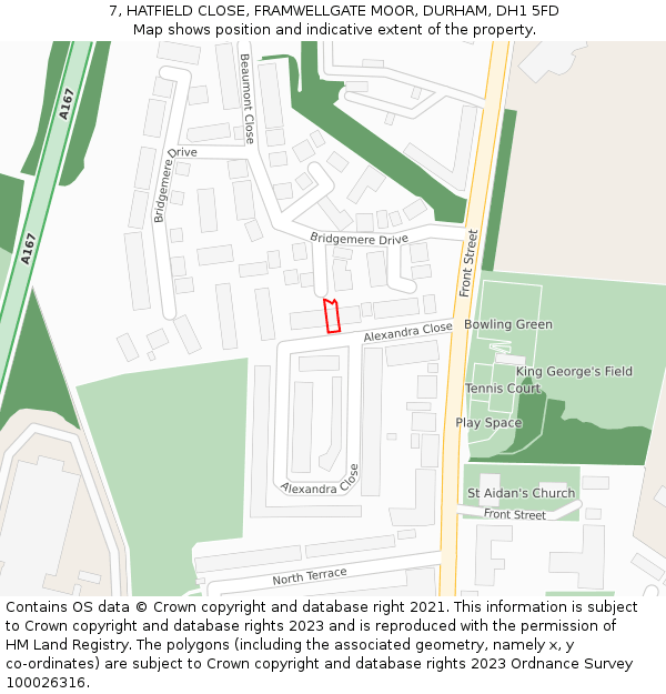 7, HATFIELD CLOSE, FRAMWELLGATE MOOR, DURHAM, DH1 5FD: Location map and indicative extent of plot