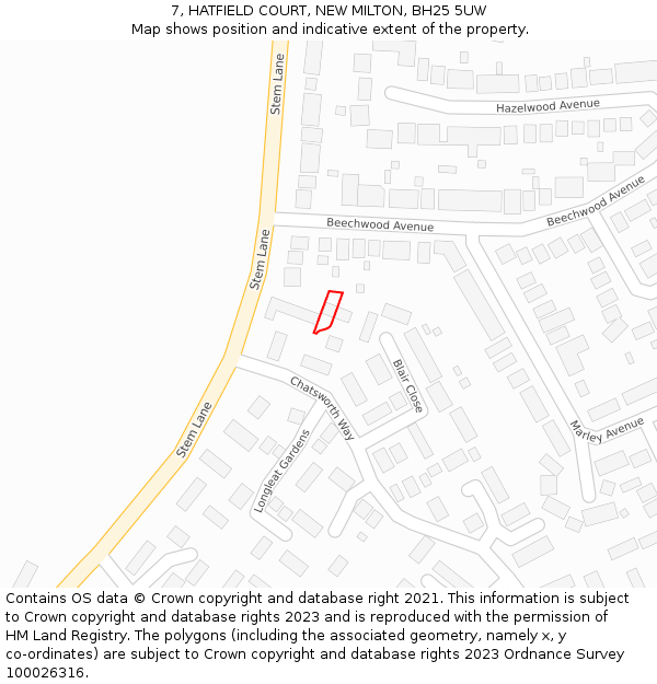 7, HATFIELD COURT, NEW MILTON, BH25 5UW: Location map and indicative extent of plot