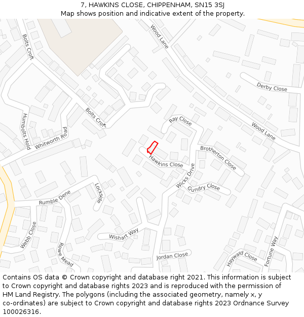 7, HAWKINS CLOSE, CHIPPENHAM, SN15 3SJ: Location map and indicative extent of plot