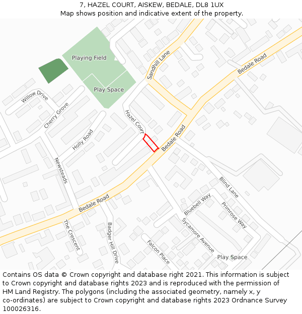 7, HAZEL COURT, AISKEW, BEDALE, DL8 1UX: Location map and indicative extent of plot