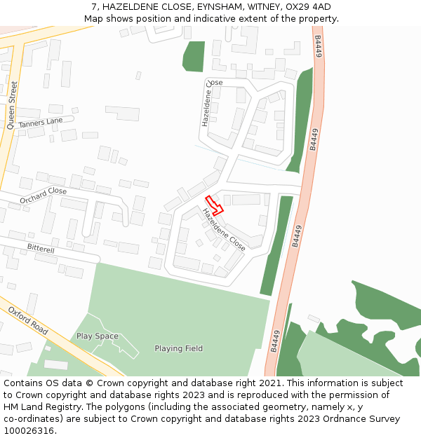 7, HAZELDENE CLOSE, EYNSHAM, WITNEY, OX29 4AD: Location map and indicative extent of plot