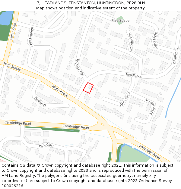 7, HEADLANDS, FENSTANTON, HUNTINGDON, PE28 9LN: Location map and indicative extent of plot