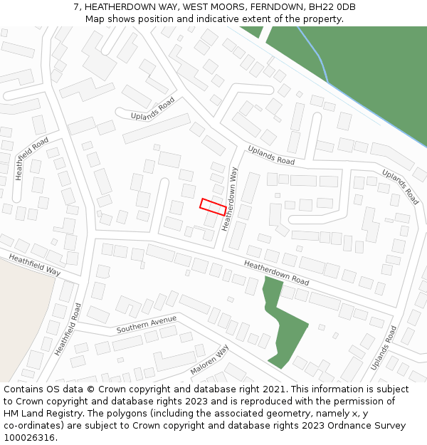 7, HEATHERDOWN WAY, WEST MOORS, FERNDOWN, BH22 0DB: Location map and indicative extent of plot