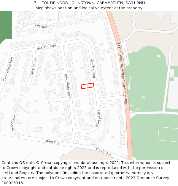 7, HEOL DRINDOD, JOHNSTOWN, CARMARTHEN, SA31 3NU: Location map and indicative extent of plot