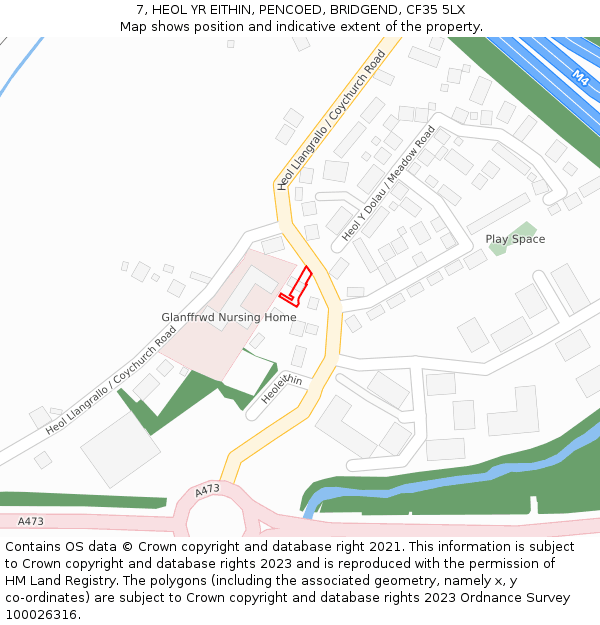 7, HEOL YR EITHIN, PENCOED, BRIDGEND, CF35 5LX: Location map and indicative extent of plot