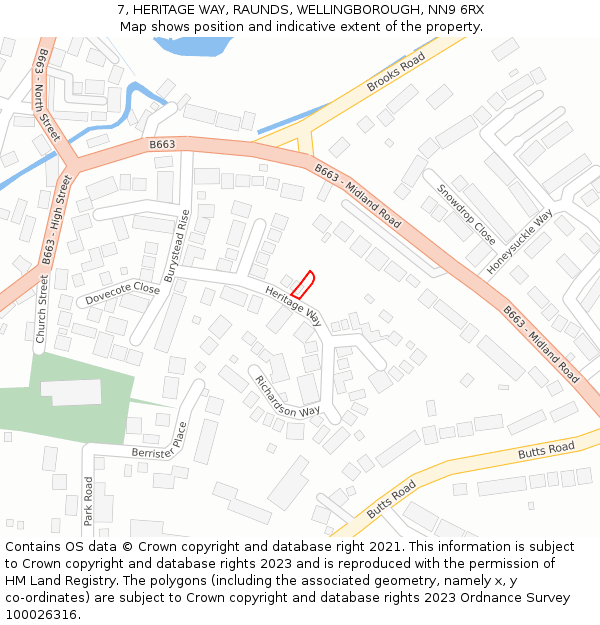 7, HERITAGE WAY, RAUNDS, WELLINGBOROUGH, NN9 6RX: Location map and indicative extent of plot