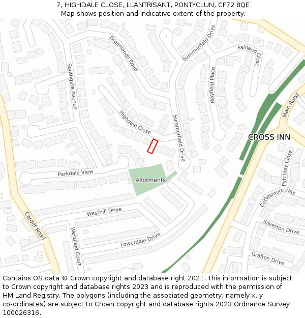 7, HIGHDALE CLOSE, LLANTRISANT, PONTYCLUN, CF72 8QE: Location map and indicative extent of plot