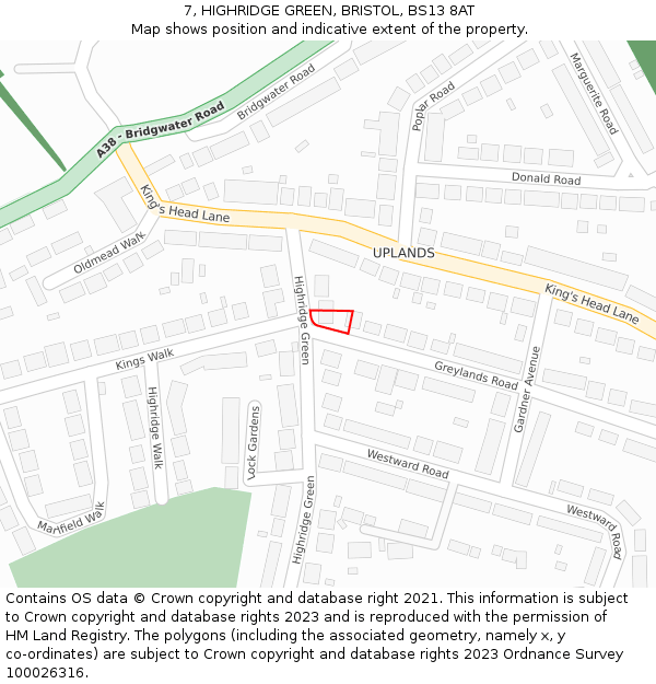 7, HIGHRIDGE GREEN, BRISTOL, BS13 8AT: Location map and indicative extent of plot