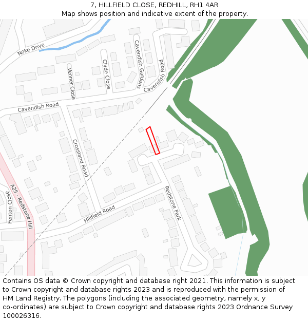7, HILLFIELD CLOSE, REDHILL, RH1 4AR: Location map and indicative extent of plot