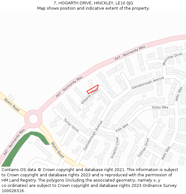 7, HOGARTH DRIVE, HINCKLEY, LE10 0JG: Location map and indicative extent of plot