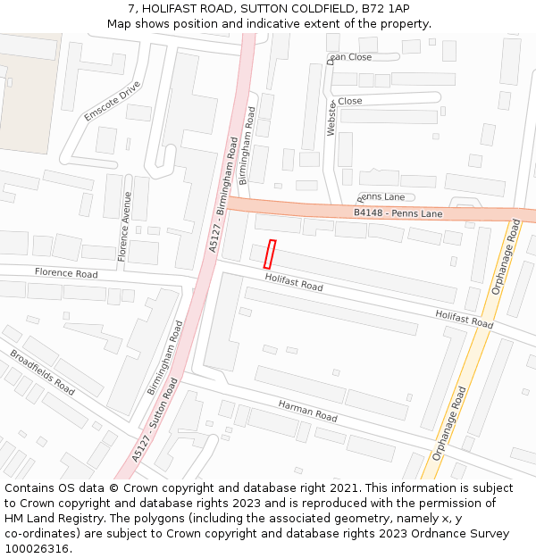 7, HOLIFAST ROAD, SUTTON COLDFIELD, B72 1AP: Location map and indicative extent of plot