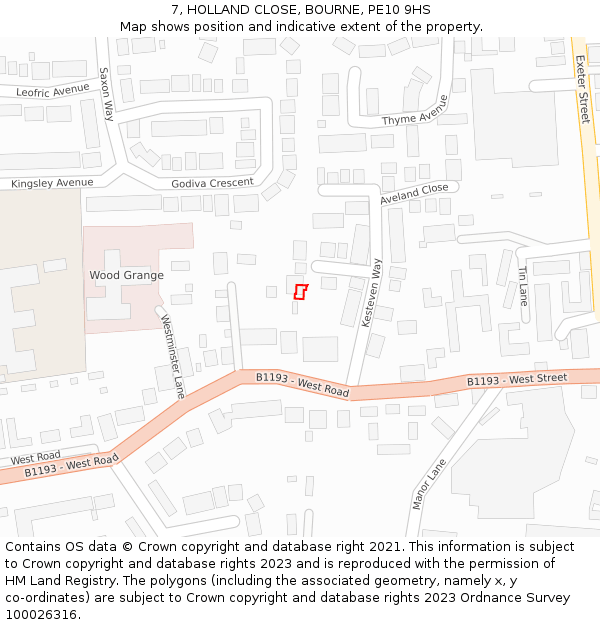 7, HOLLAND CLOSE, BOURNE, PE10 9HS: Location map and indicative extent of plot