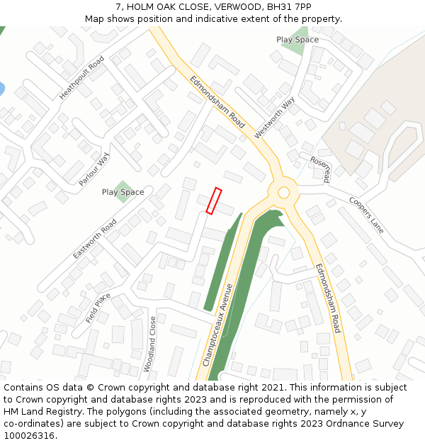 7, HOLM OAK CLOSE, VERWOOD, BH31 7PP: Location map and indicative extent of plot