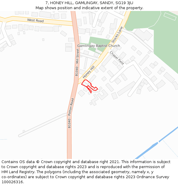 7, HONEY HILL, GAMLINGAY, SANDY, SG19 3JU: Location map and indicative extent of plot